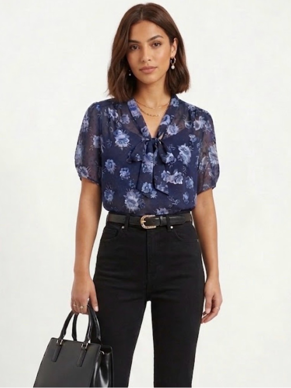 Kate Spade Blue Floral Swiss Dot Tie Neck Blouse Size M